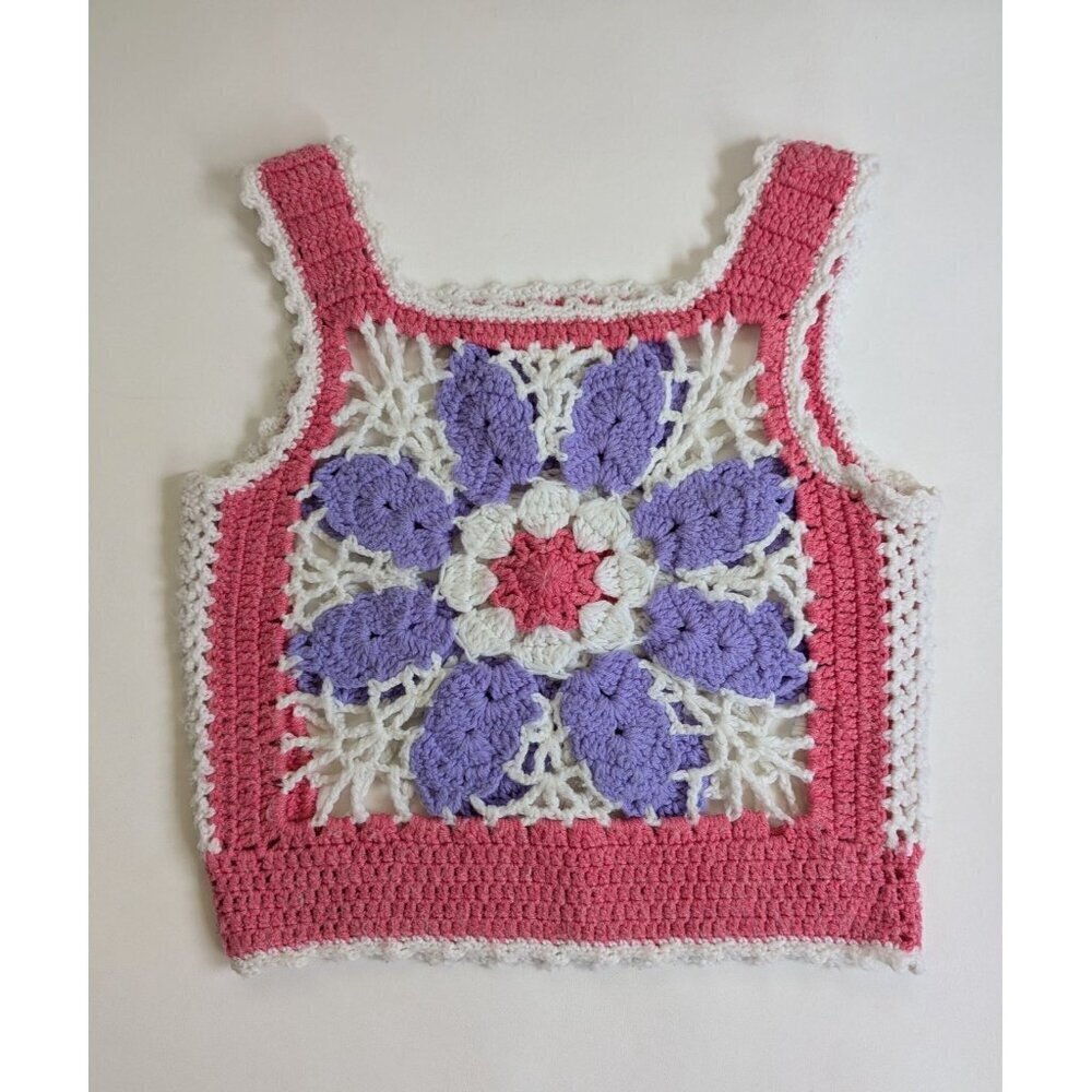 Vintage 1970's Retro Crochet Pink Boho Tank Top Handmade Size Small Festival